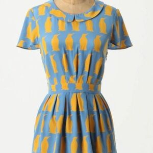 CHARLOTTE TAYLOR Anthropologie Blue & Yellow Silk Penguin Top Sz 2 PREOWNED/USED